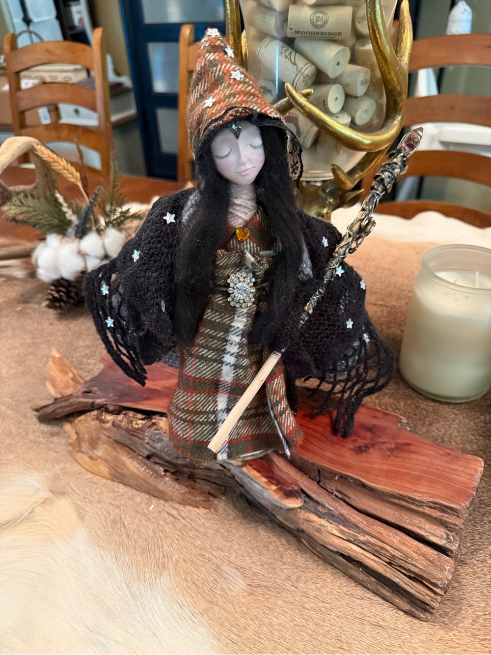 Handcrafted Witch Doll Home Art in Black and Plaid